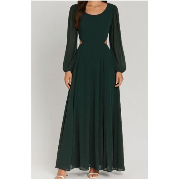 Lulu's Women's Green Back Cutout Ballon Long Sleeve Chiffon Maxi Dress S - Picture 1 of 13
